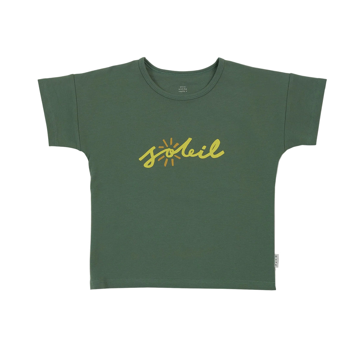 A green relaxed fit t-shirt with the word 'soleil' printed across the front in a yellow cursive font.