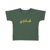 A green relaxed fit t-shirt with the word 'soleil' printed across the front in a yellow cursive font.