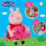 Peppa Pig plush toy wearing a pink patterned dress, shown on a bright blue background with decorative clouds, green grass, and two circular inset photos demonstrating interactive features like sounds/phrases and moving arms. The Peppa Pig logo appears in the top left.