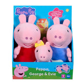 Peppa Pig plush toy set packaging with Peppa, George, and Evie on a blue background.