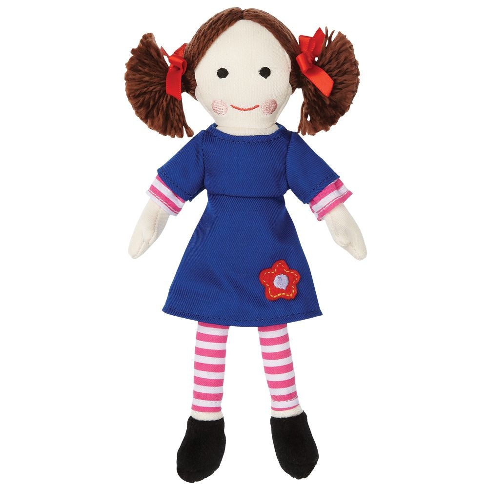 Toy Jemima doll with brown hair in pigtails, wearing a blue dress with a red flower, pink striped leggings, and black shoes on a white background.