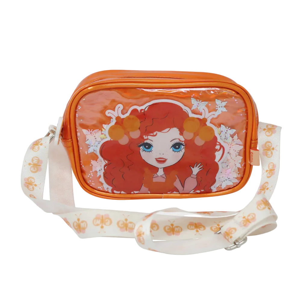 An orange crossbody bag with a Emma Memma character illustration and butterfly patterns on the strap.