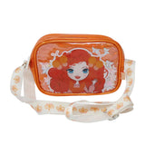 An orange crossbody bag with a Emma Memma character illustration and butterfly patterns on the strap.
