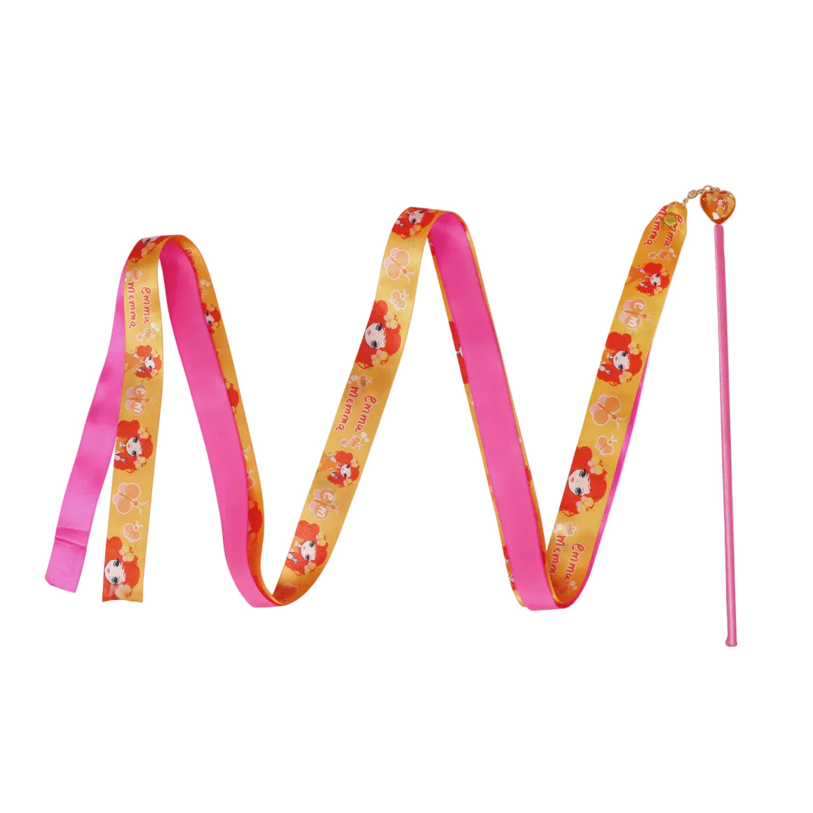 An Emma Memma ribbon wand in orange and pink with a pink handle and orange backbround and Emma
Memma images ribbon.
