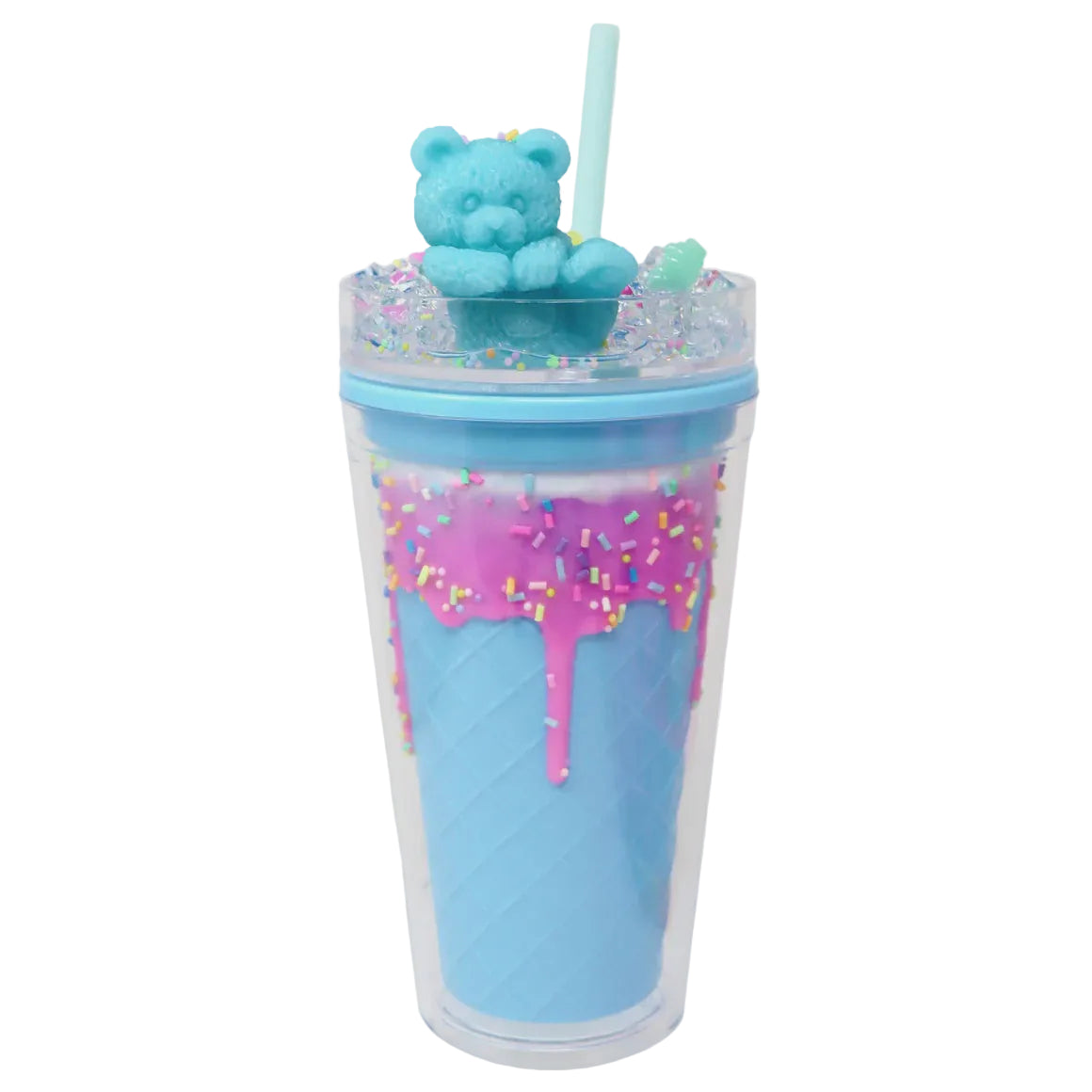 Colorful tumbler with a bear-shaped drink stopper on a white background