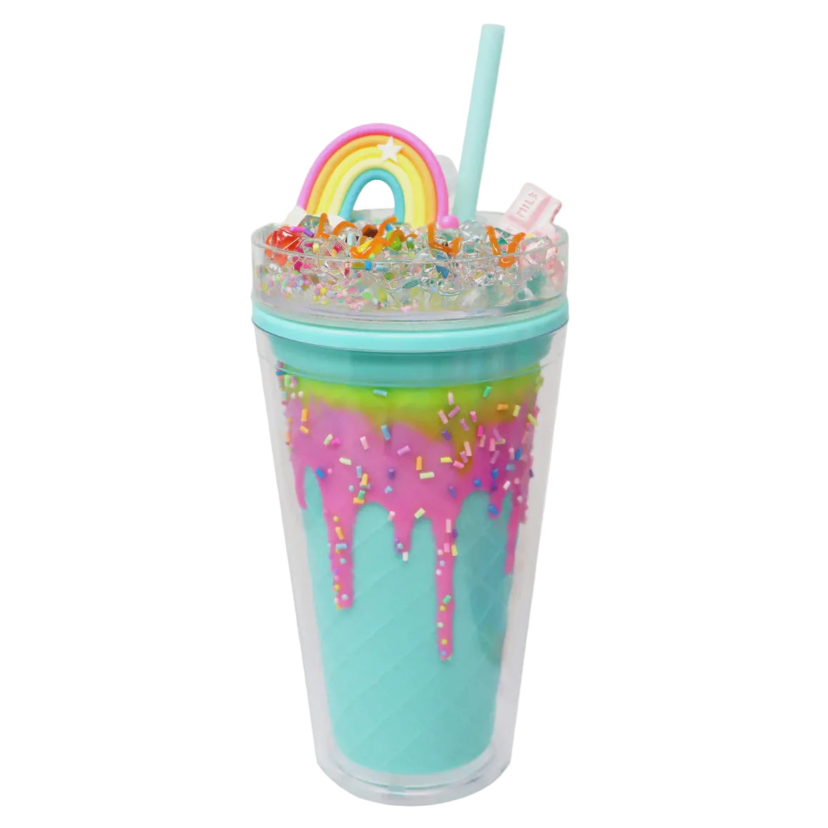 Colorful tumbler with rainbow and sprinkles on a white background