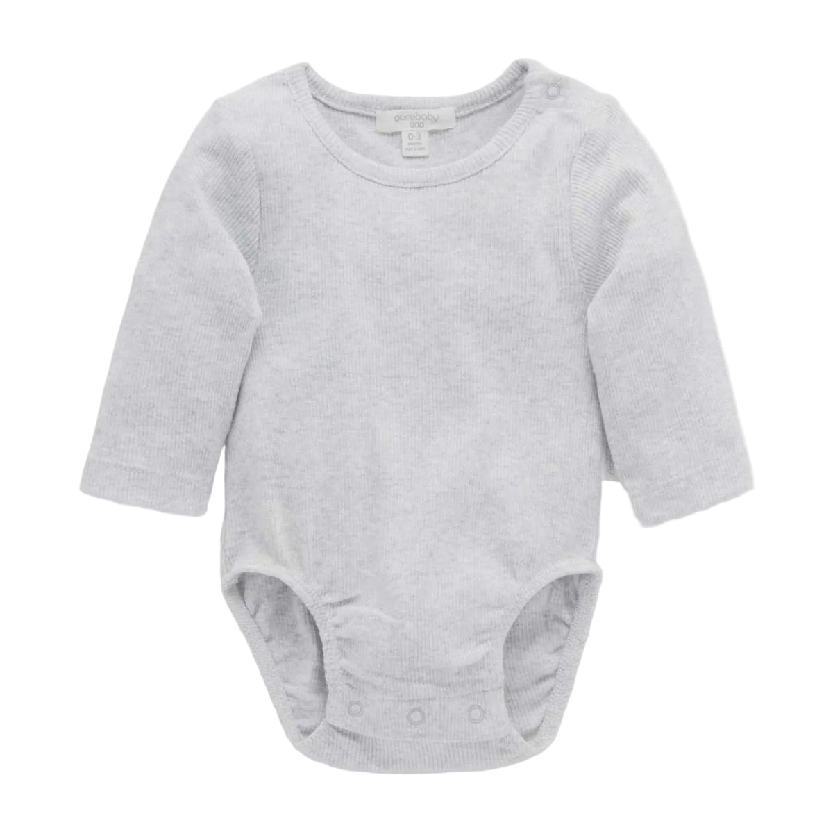 A pale grey melange long-sleeved ribbed bodysuit for babies.