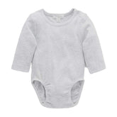 A pale grey melange long-sleeved ribbed bodysuit for babies.