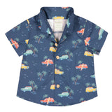 Children's navy buttoned shirt with colorful car and palm tree pattern on a white background