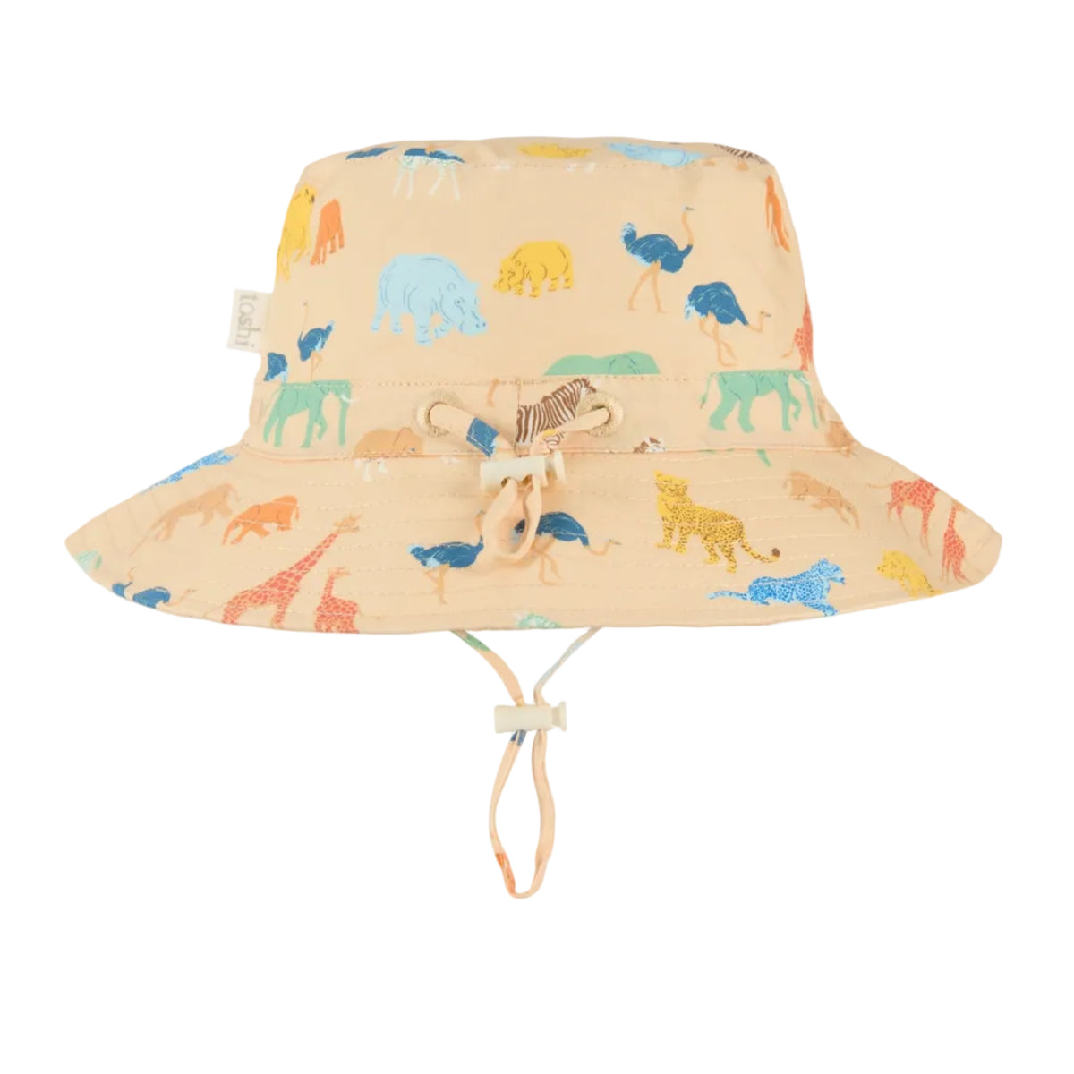 Children's sun hat with safari animal pattern and UPF 50+ label on a beige background