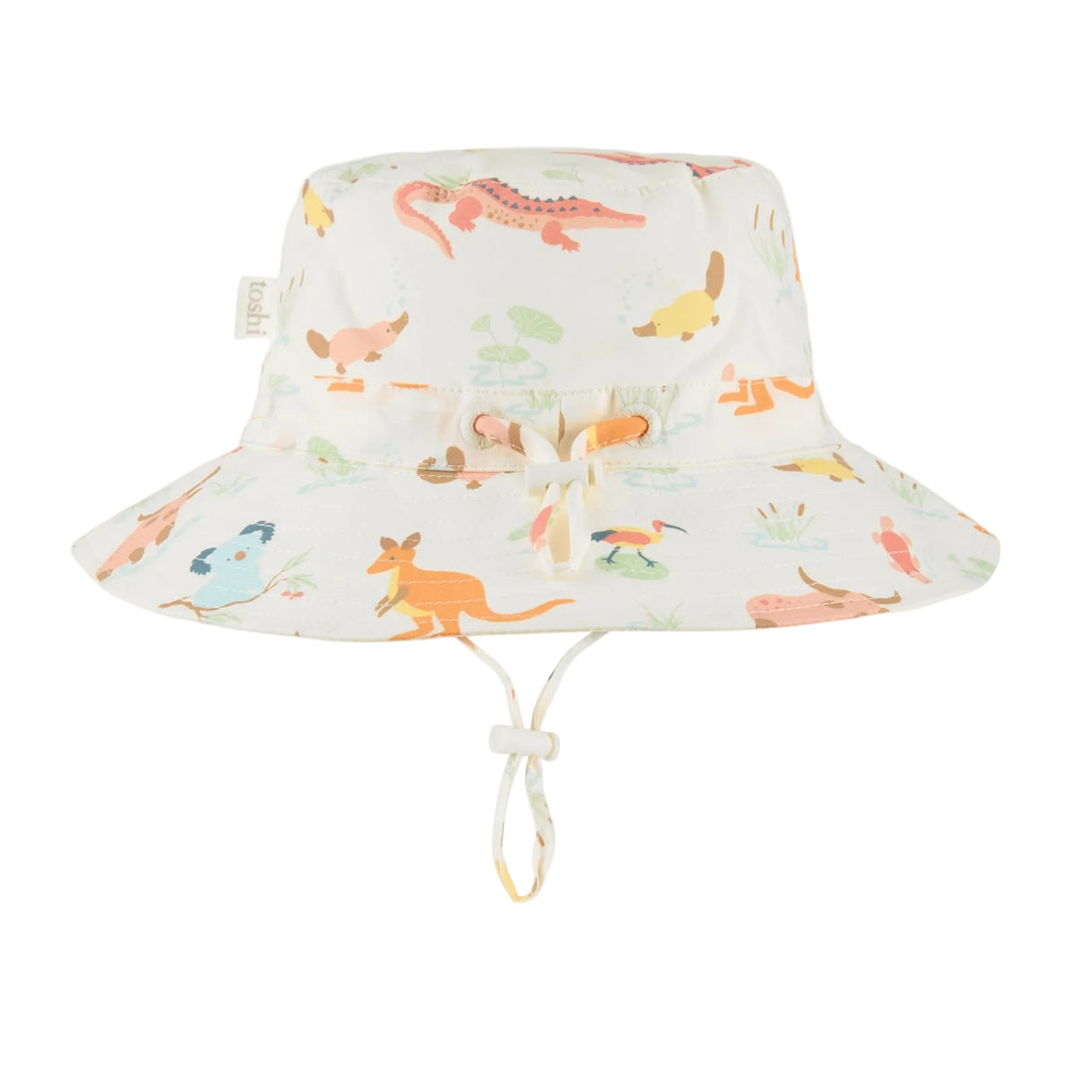 Children's sun hat with cute aussie animal pattern and UPF 50+ label on a white background