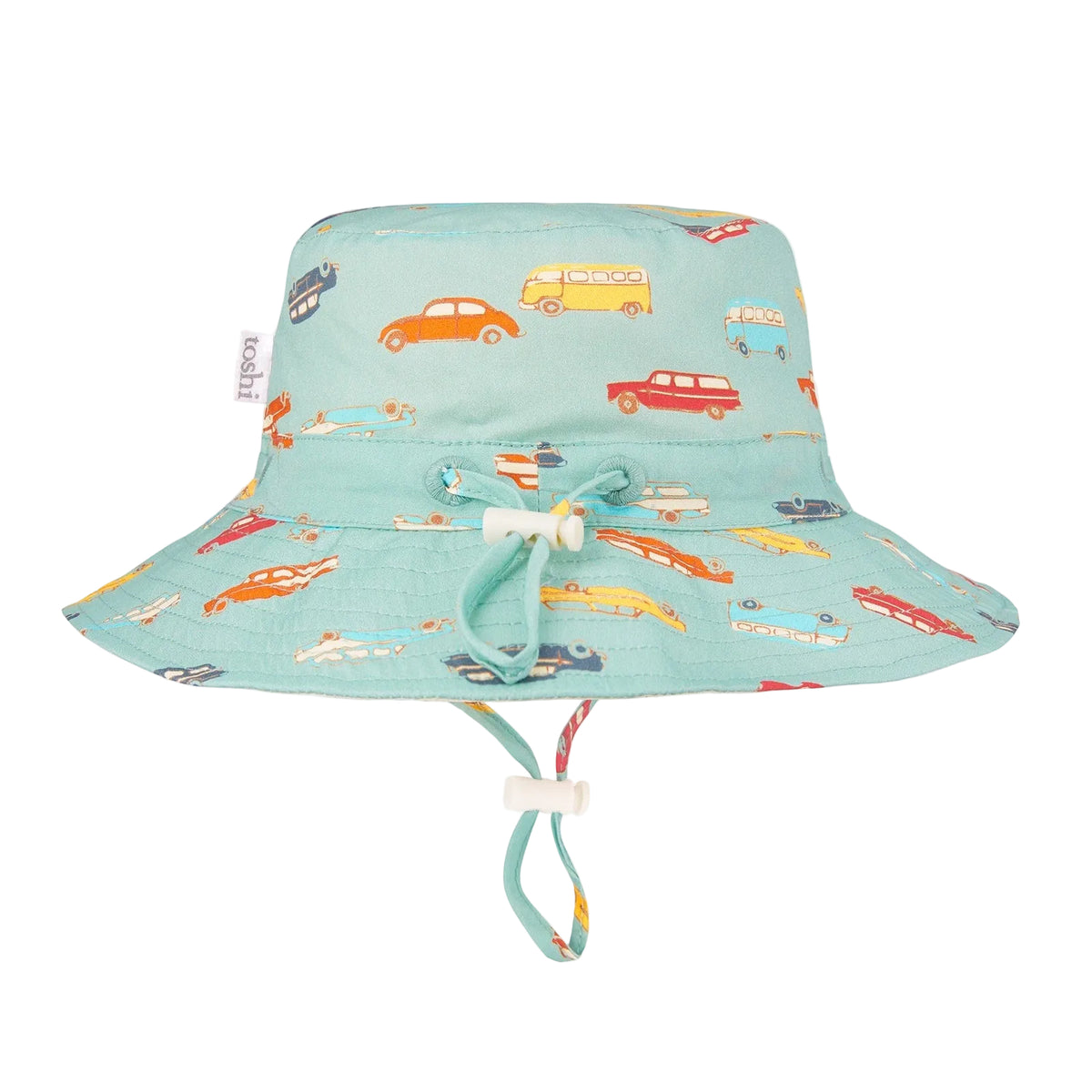 Children's sun hat with a broad brim featuring a colorful wagon wheel pattern on a light blue background, with a head tie for adjustable sizing.