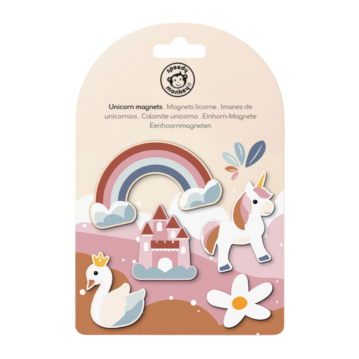 A package of Unicorn magnets, featuring a colorful set of die-cut magnets including a unicorn, rainbow, castle, swan, and flower, presented on a beige cardboard backing with a hanging tab.