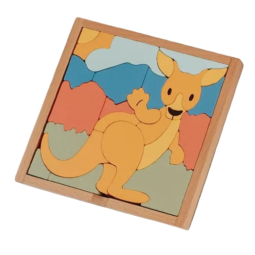 A 3-in-1 small block puzzle depicting a kangaroo, with the puzzle shape forming the body of the kangaroo and the pieces in colors representing the kangaroo's features.