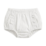 White baby bloomers with a textured embroidered pattern, elastic waistband, and ruffle details on the sides, shown against a plain light gray background.