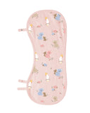 A pink baby burp cloth and bib featuring a cute pattern of cartoon koalas, kangaroo bears, and white birds with yellow crowns, shown on a light gray background.