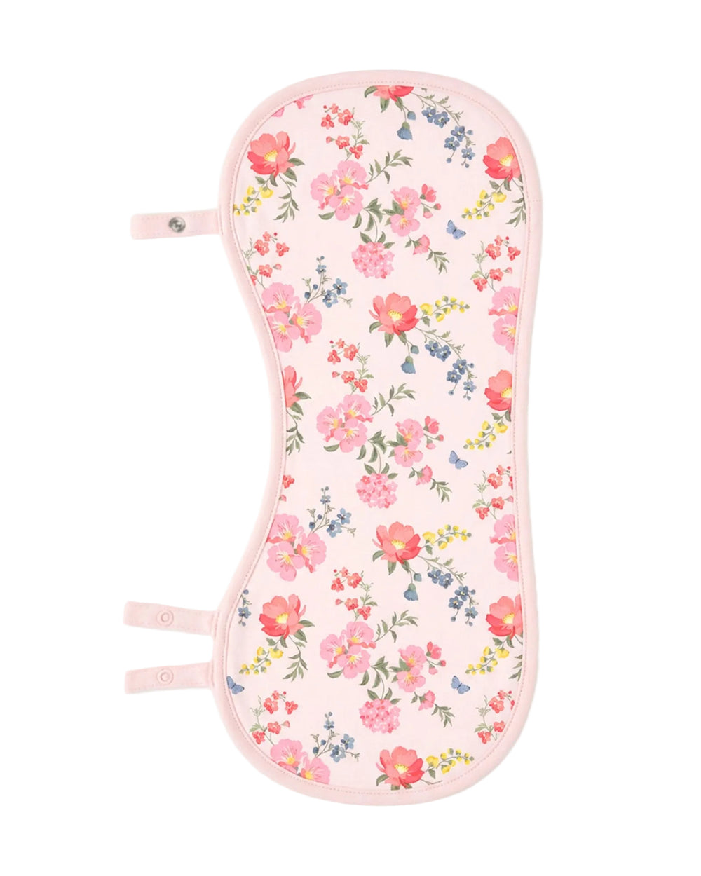 A baby feeding or nursing pad with a light pink background and a colorful floral print featuring pink, red, blue, and yellow flowers with green leaves. It has a light pink stitched border and two adjustable tabs on the left side. This burp cloth turns into a toddler bib