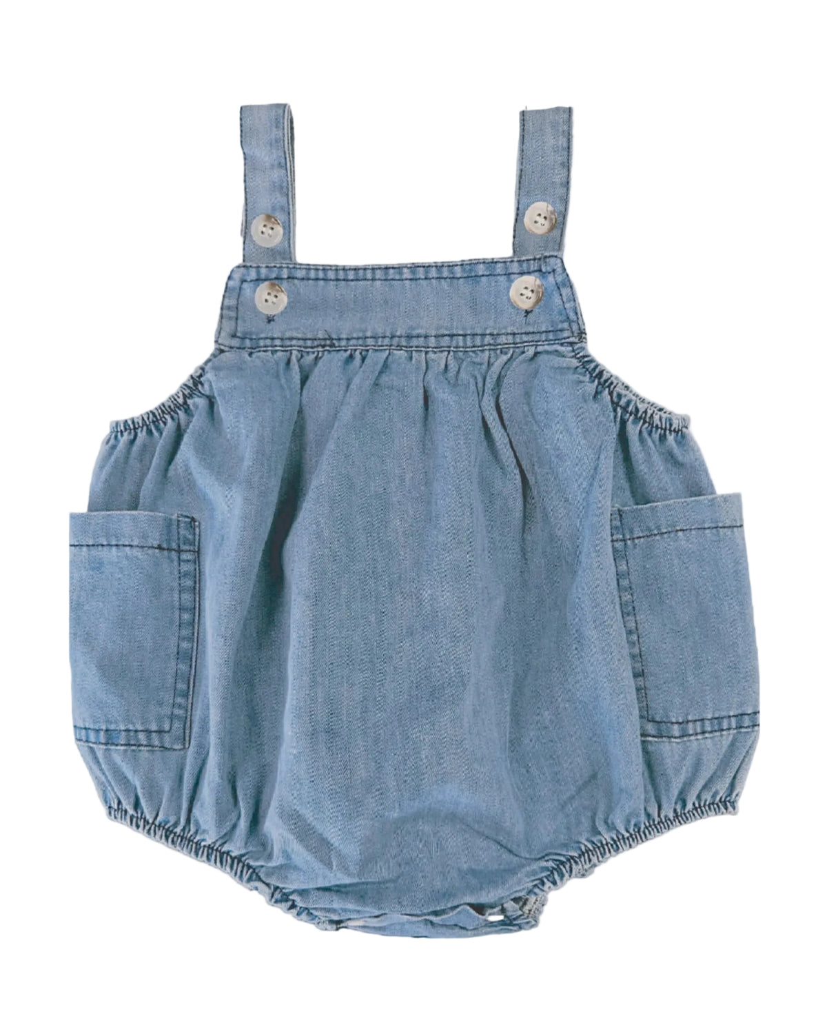 A light blue denim baby bubble romper with adjustable shoulder straps and silver snap buttons, shown against a plain light gray background.
