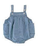A light blue denim baby bubble romper with adjustable shoulder straps and silver snap buttons, shown against a plain light gray background.