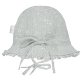 Light gray baby bonnet with floral pattern and bow on a white background