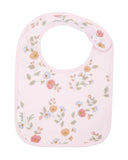 Floral-patterned baby bib on a white background