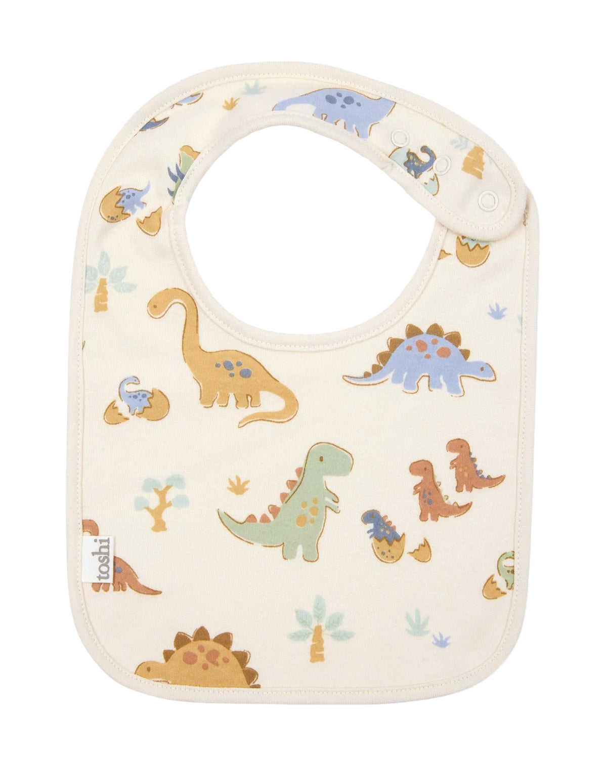 Baby bib with dinosaur pattern on a white background