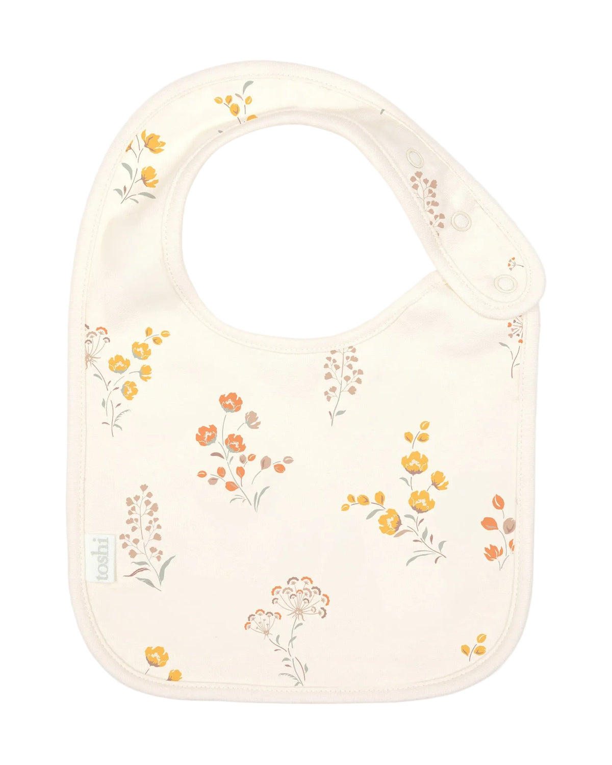 Baby bib cream with floral pattern on a lwhite background