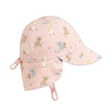 A light pink Baby flap sun hat with a curved brim and flap at the sides and back, decorated with a cute pattern of cartoon koalas, cockatoo birds, and clouds. The hat features a small fabric brand tag on the side and adjustable chin straps.