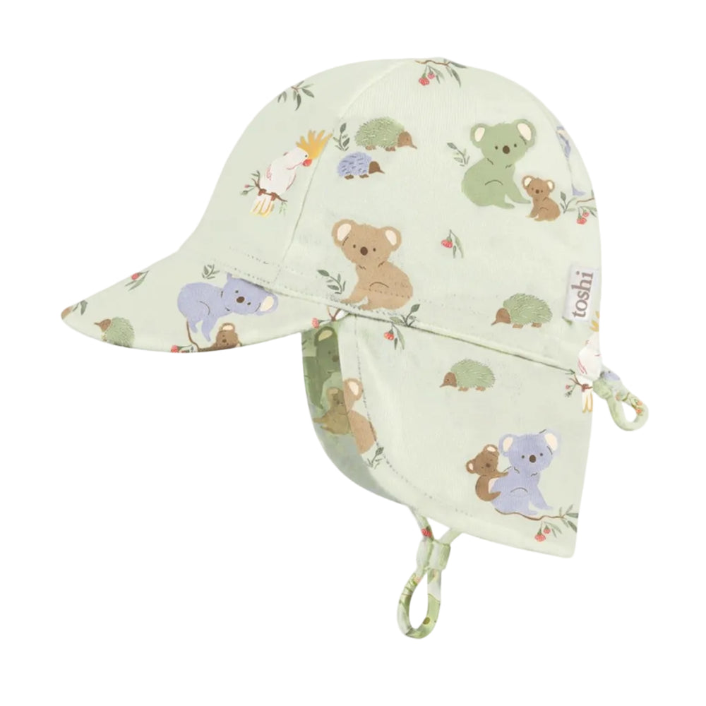 A light sage green baby sun hat with an all-over koala print, featuring a wide brim, neck flap, and chin strap, shown on a light gray background.