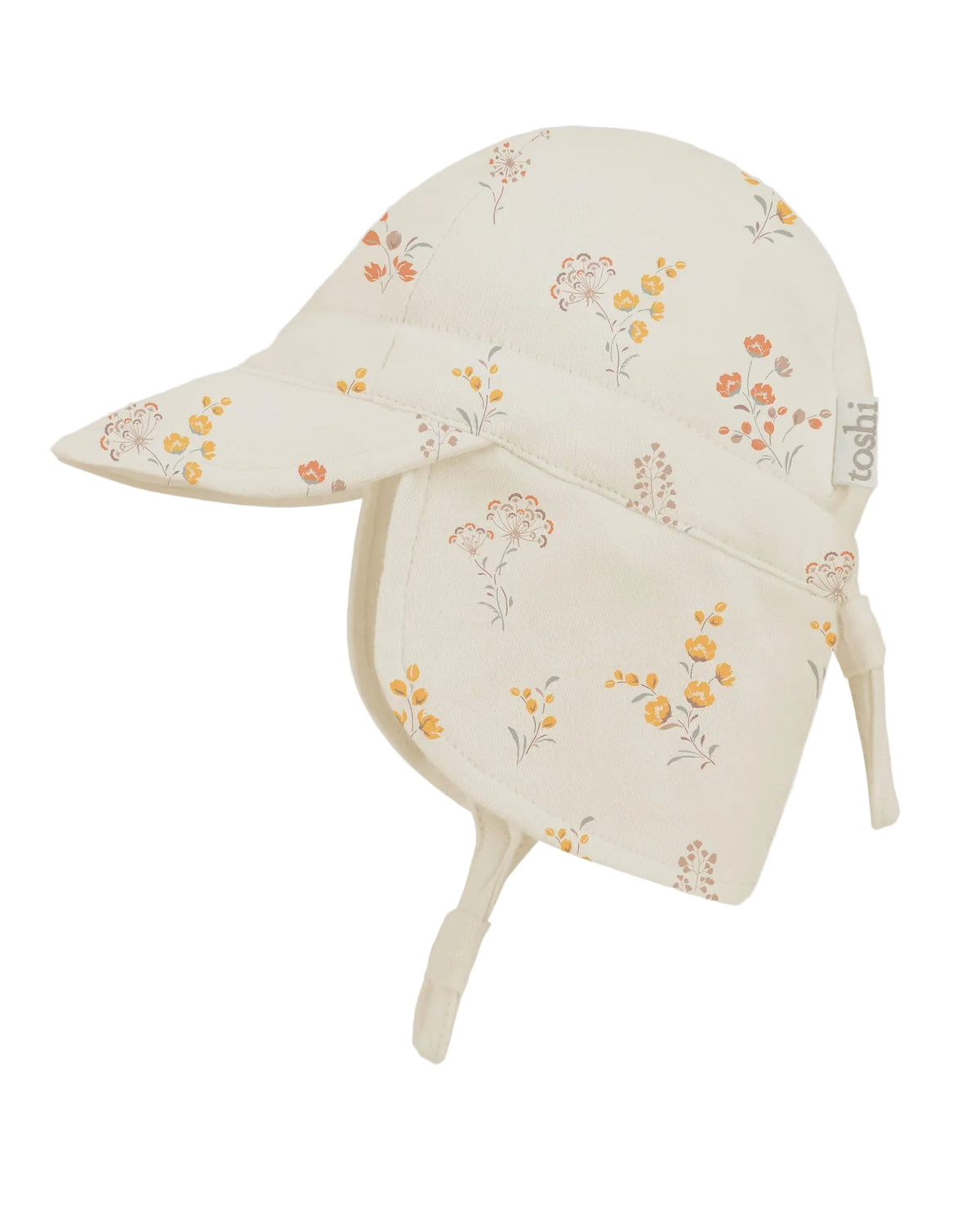 Floral-patterned baby sun hat on a white background