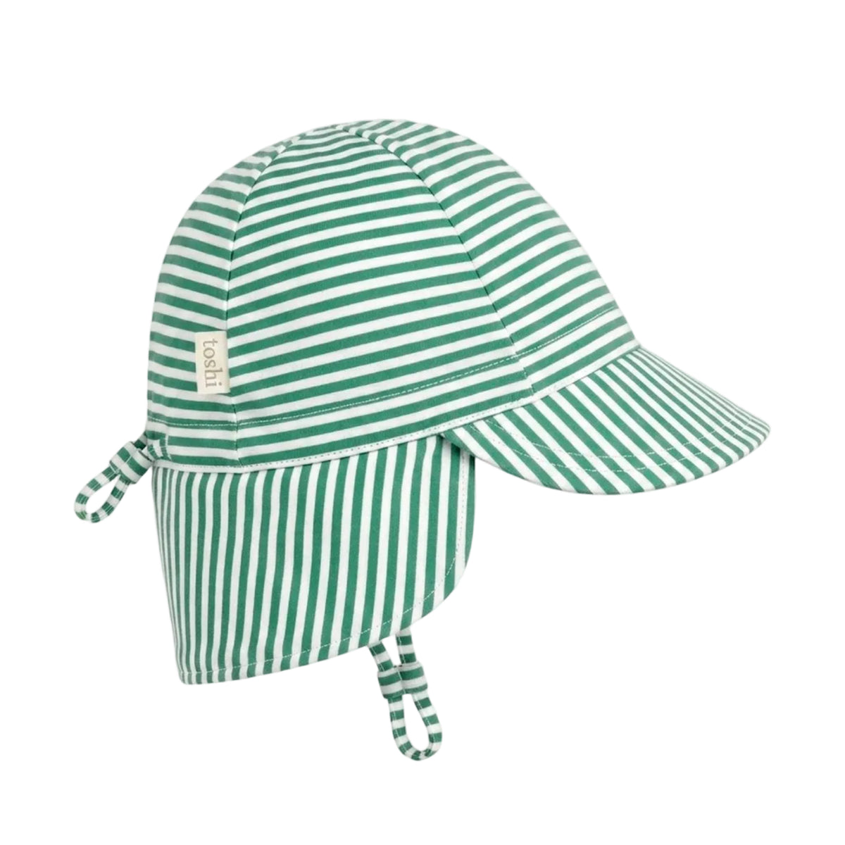 A green and white striped sun hat with a chin strap, photographed on a light gray background.