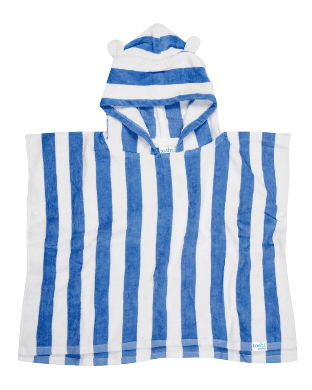 A blue and white vertically striped hooded towel with bear ears on the hood, shown flat against a light gray background.