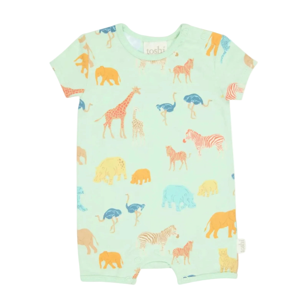 A baby short-sleeve romper in mint green with an all-over safari animal print, including giraffes, zebras, ostriches, and elephants in various colors, shown flat against a light gray background.