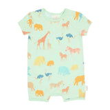 A baby short-sleeve romper in mint green with an all-over safari animal print, including giraffes, zebras, ostriches, and elephants in various colors, shown flat against a light gray background.