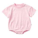 A baby short-sleeve bodysuit in light pink and white horizontal stripes, featuring a crew neck and snap closures at the shoulder and crotch, shown on a light gray background.