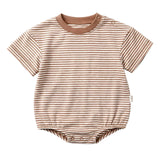 A baby short-sleeve bodysuit with thin horizontal brown and beige stripes, featuring a solid brown crew neck and snap closures at the crotch.