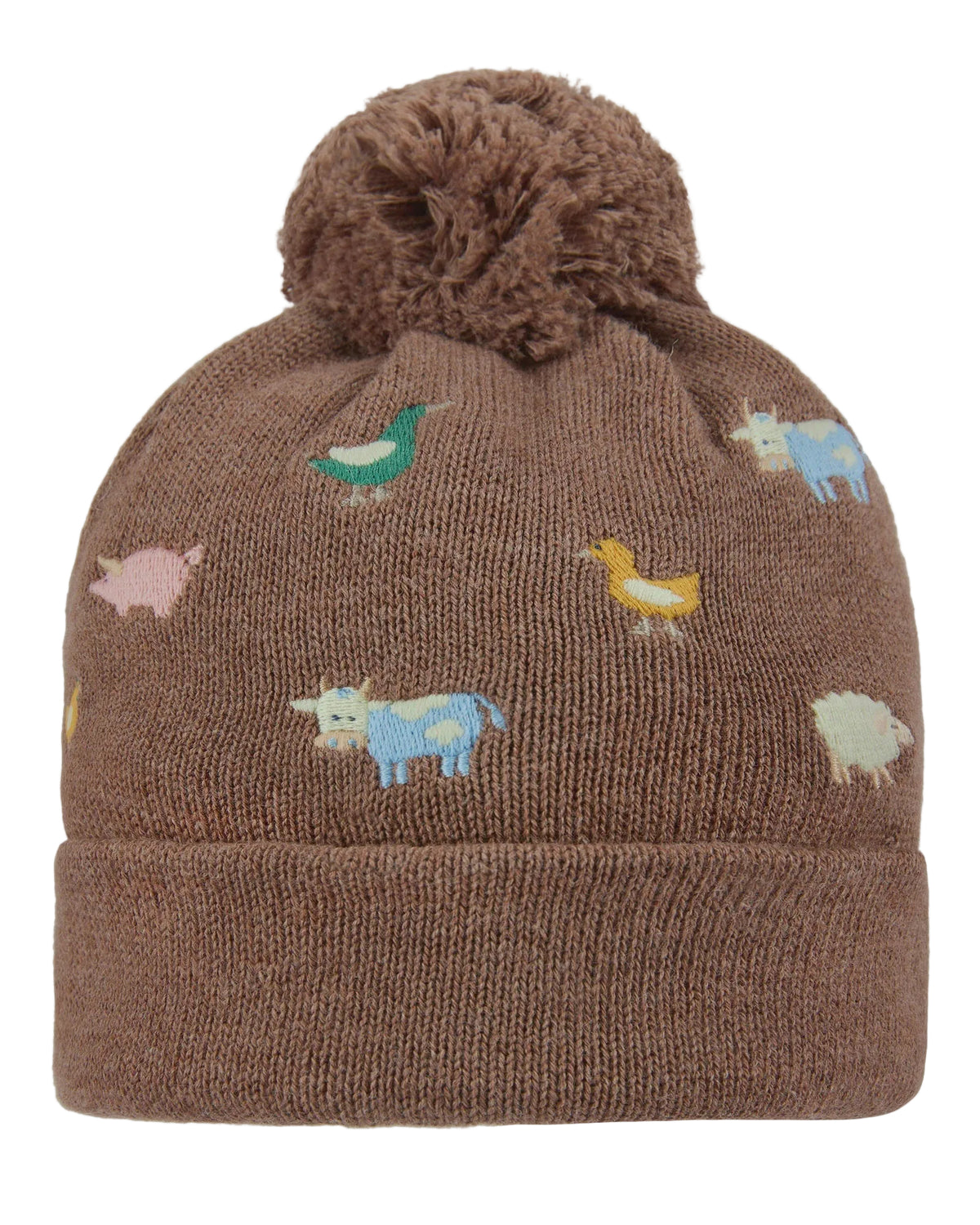 Brown knit beanie with animal patterns on a white background