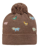 Brown knit beanie with animal patterns on a white background