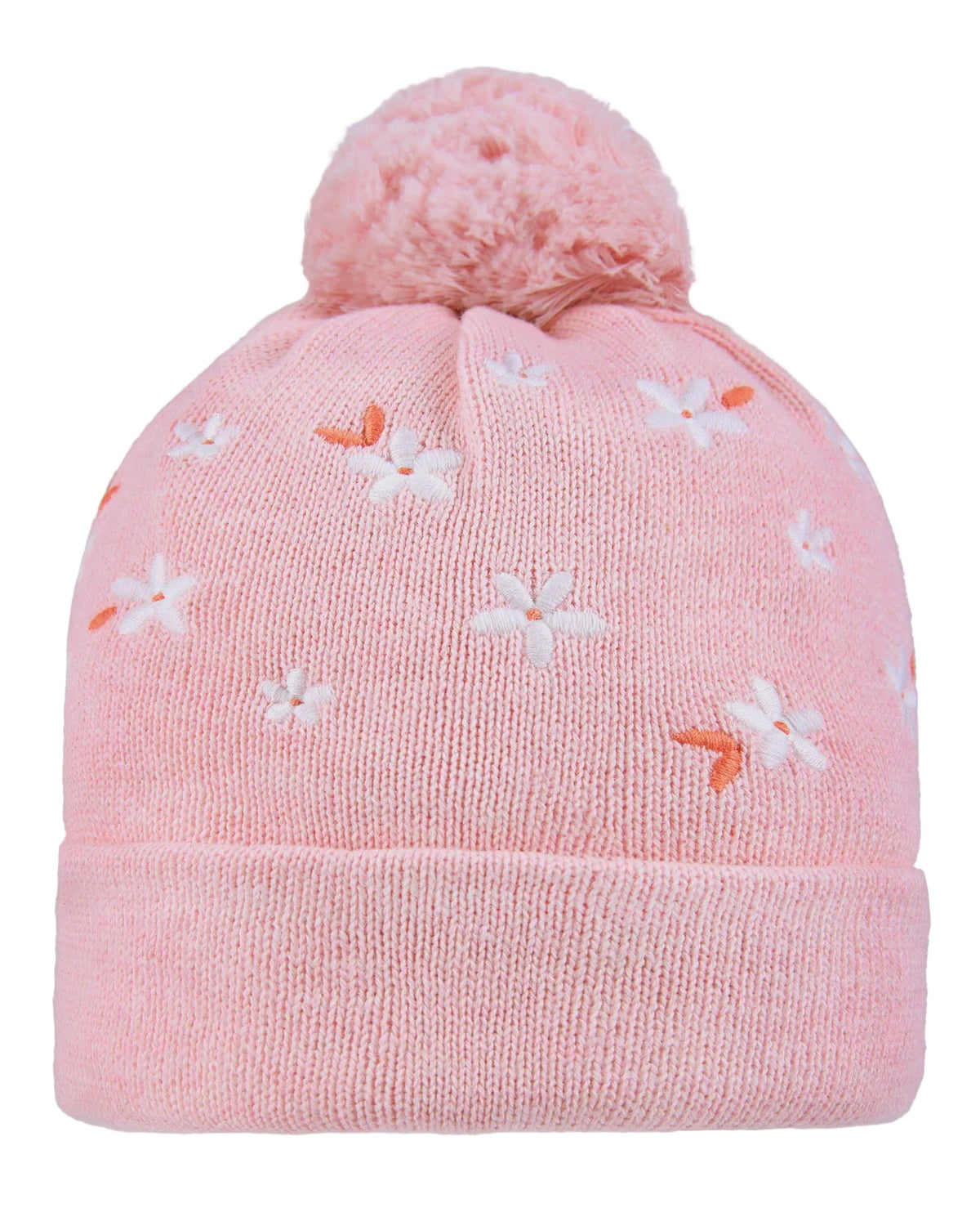 Pink knit beanie with floral patterns and a pom-pom on a light gray background