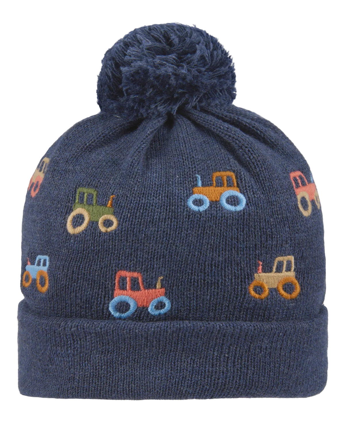 Navy blue knit hat with embroidered tractors on a light gray background