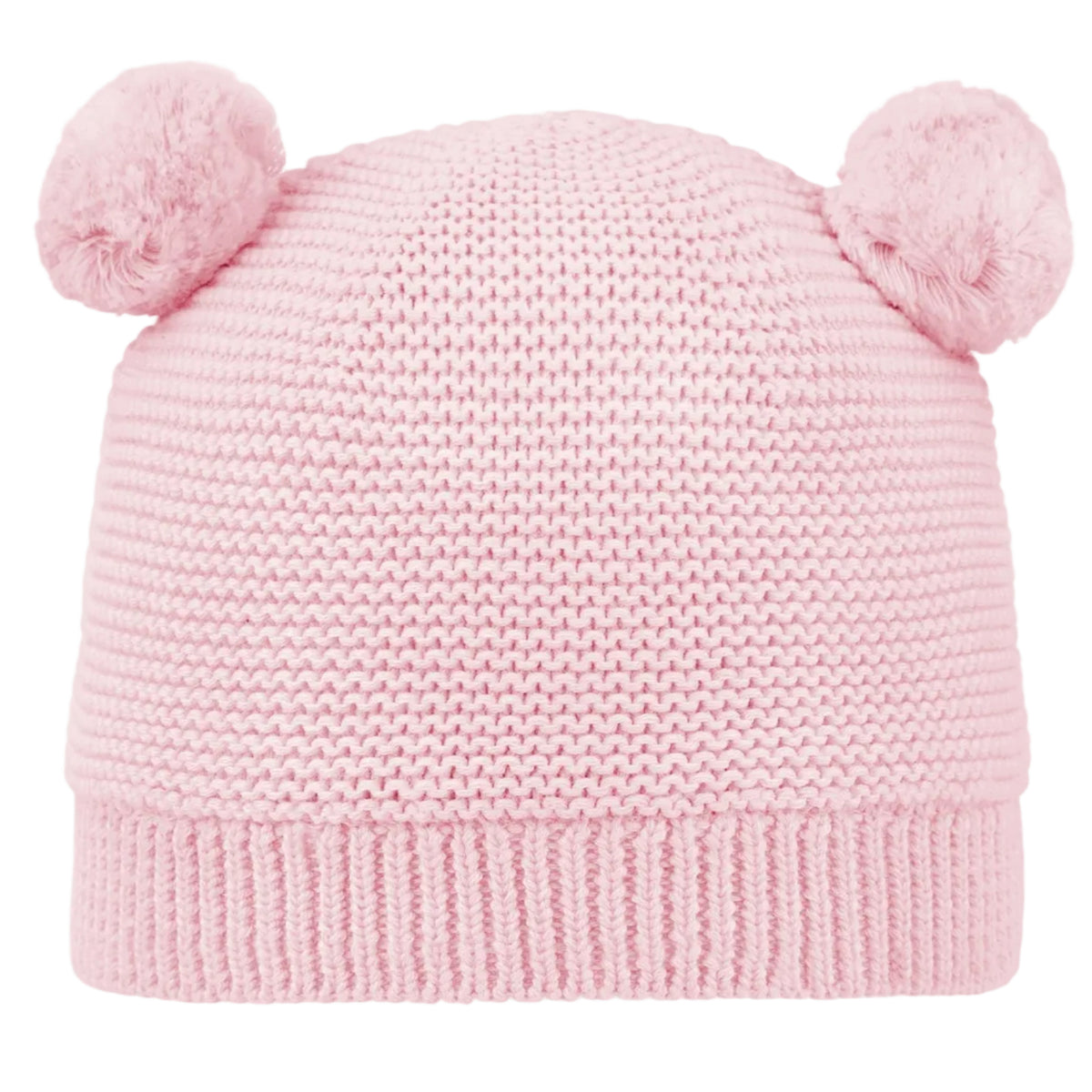 Pink knitted hat with two pom-poms on a white background