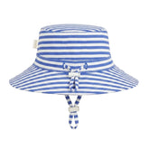 A blue and white striped kids sun hat with a wide brim, a matching tie detail on the front, and a chin strap, shown against a light gray background.