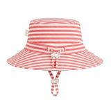 A red and white striped kids sun hat with a wide brim, a small bow detail on the front, and a chin strap, shown against a light gray background.