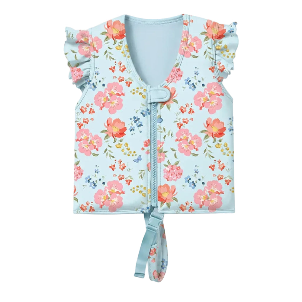A light blue children's zip-front vest with a floral print, ruffled cap sleeves, and a tie detail at the bottom, shown on a plain light gray background.