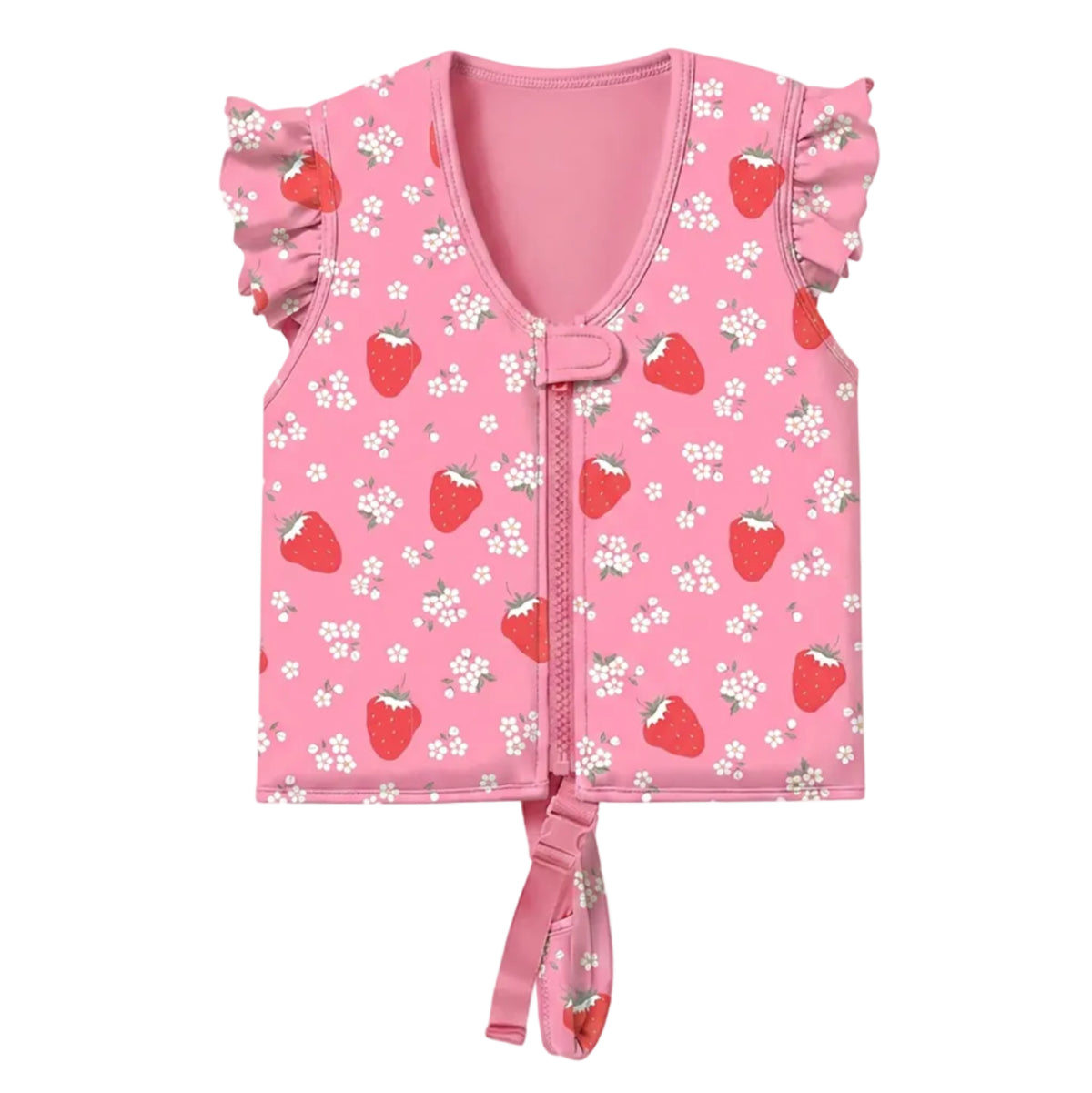 Pink children's zip-front vest with ruffled cap sleeves, a strawberry and white floral print, and a tie detail at the front hem, shown on a light gray background.