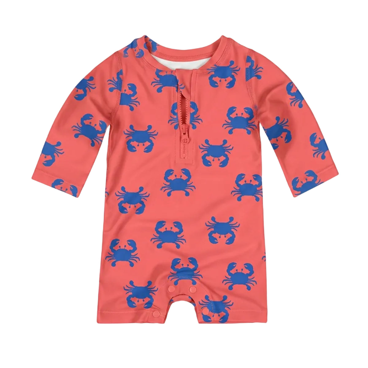 A baby long-sleeve swim onesie in coral orange with a blue crab pattern, featuring a short snap closure and zip at the neck, photographed on a light gray background.