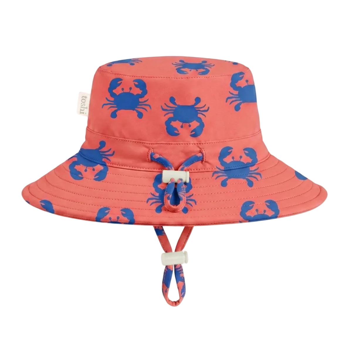 A coral orange kids' swim sun hat with a blue crab pattern, featuring a chin strap with a white plastic toggle, shown against a white background.