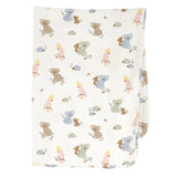 A folded white muslin baby blanket featuring a cute cartoon pattern of koalas, kangaroos, and possums in soft pastel colors, shown against a light gray background.
