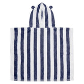 A plush kids towel or beach towel with vertical navy blue and white stripes, featuring two teddy ears shown against a plain white background.