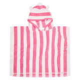 Pink and white vertically striped kids hooded towel with bear ears on the hood, laid flat against a light gray background.